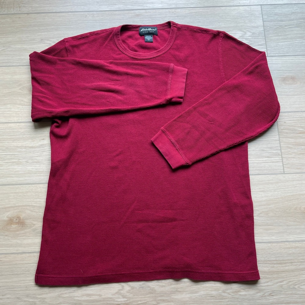 Eddie Bauer Mens Large Tall Waffle Knit Thermal Long Sleeve Shirt Burgundy Red